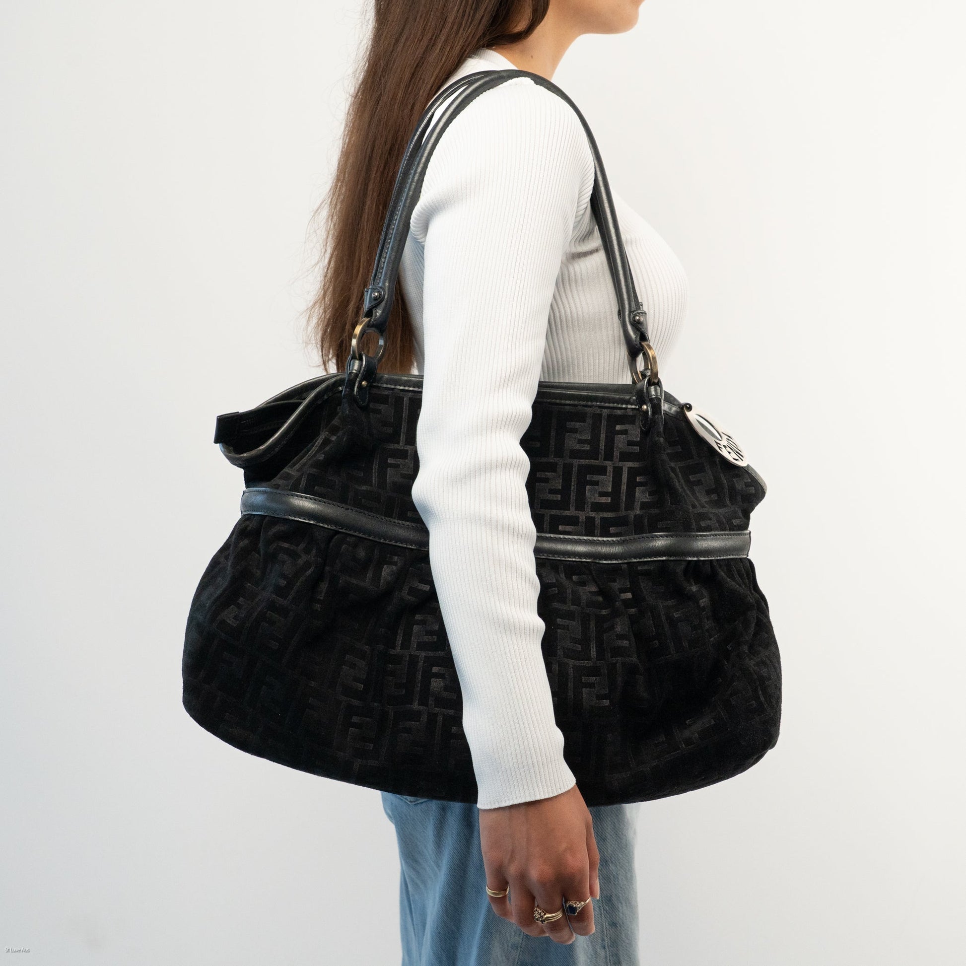 Fendi Zucca Chef Tote Bag in Black Suede - St. Luxe