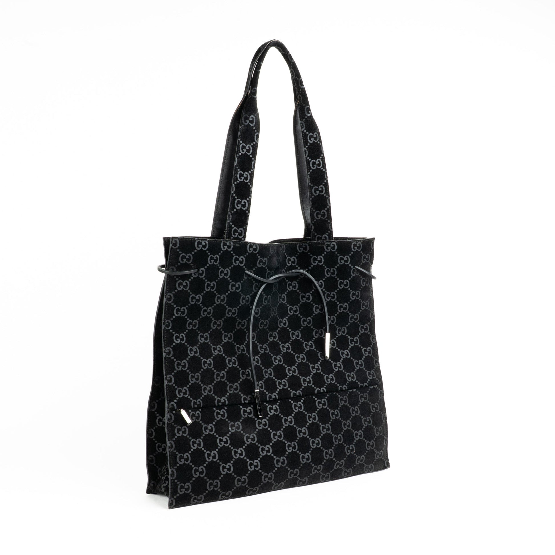 Gucci 97 suede GG Monogram Drawstring Tote Bag - St. Luxe