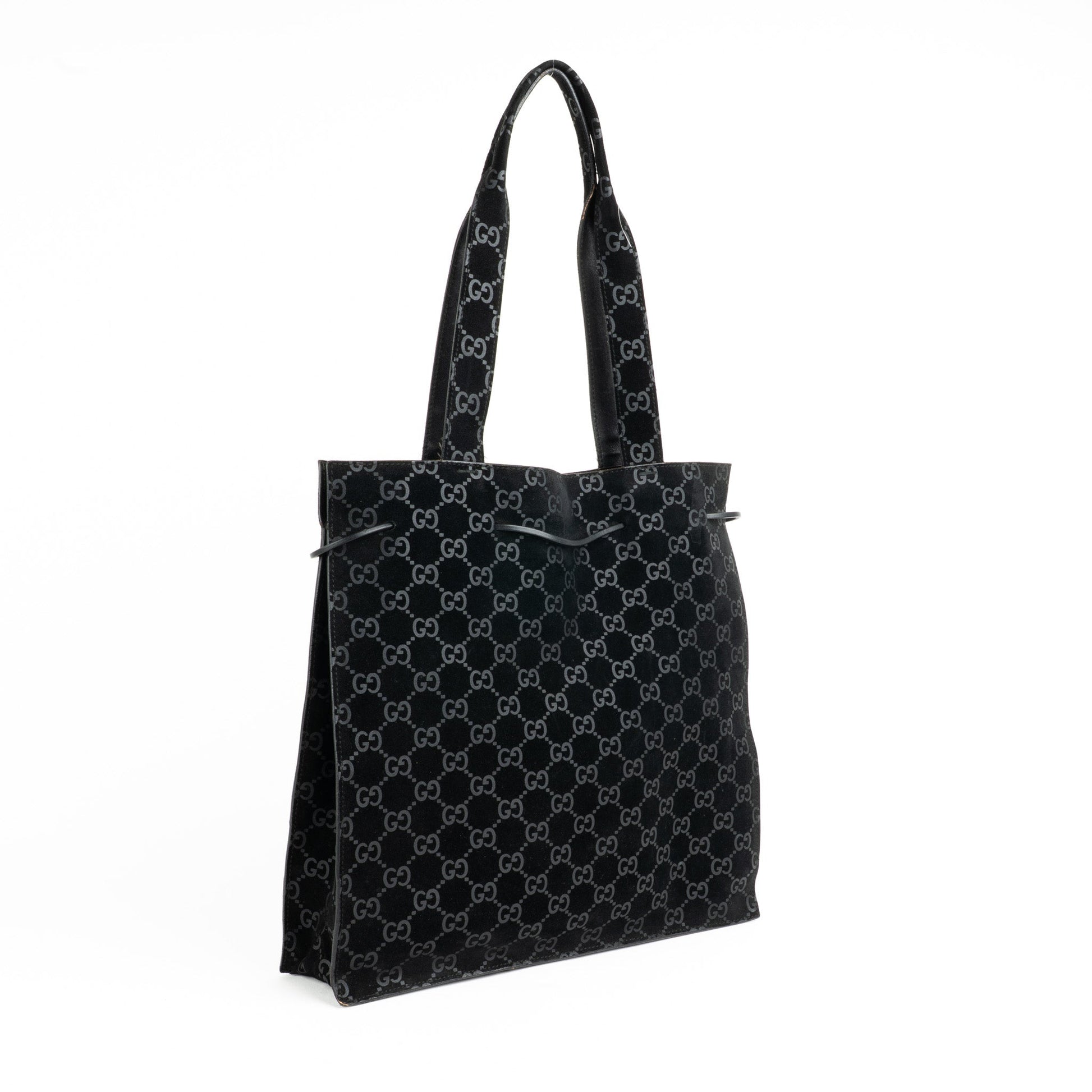 Gucci 97 suede GG Monogram Drawstring Tote Bag - St. Luxe