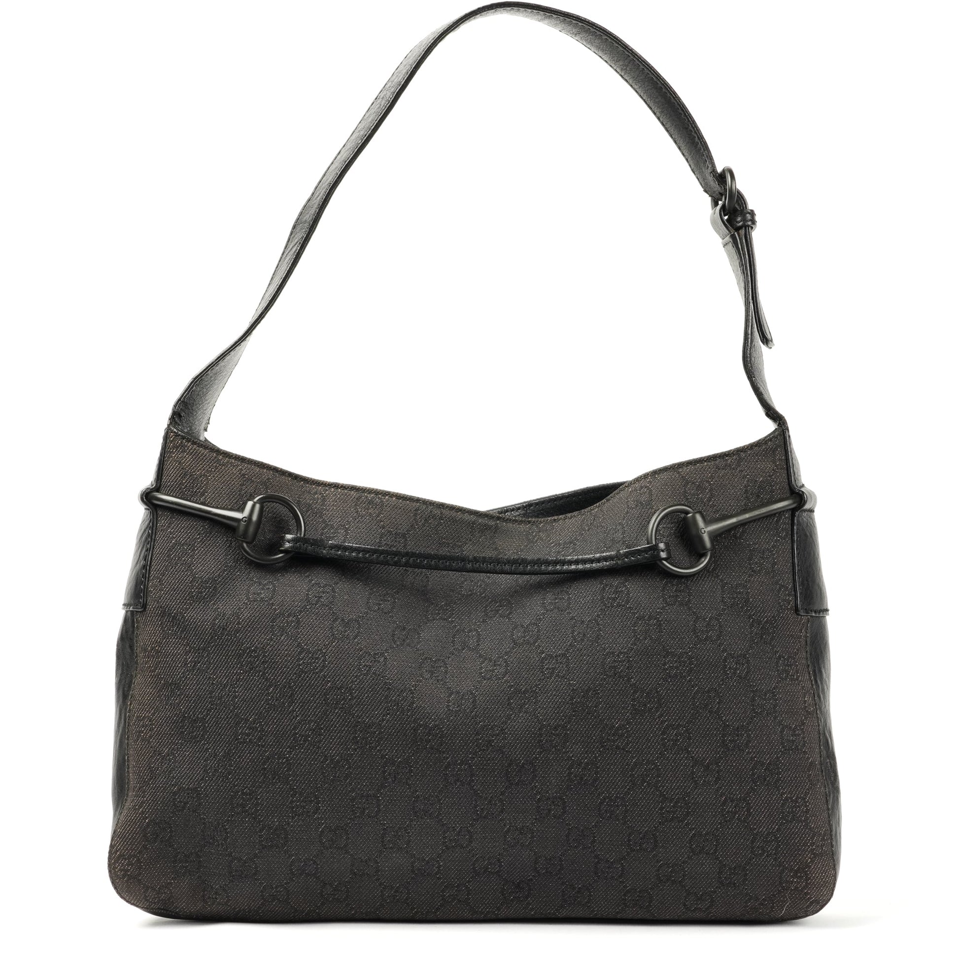 Gucci Horsebit Shoulder Bag - Black GG Monogram with Leather Trim - St. Luxe