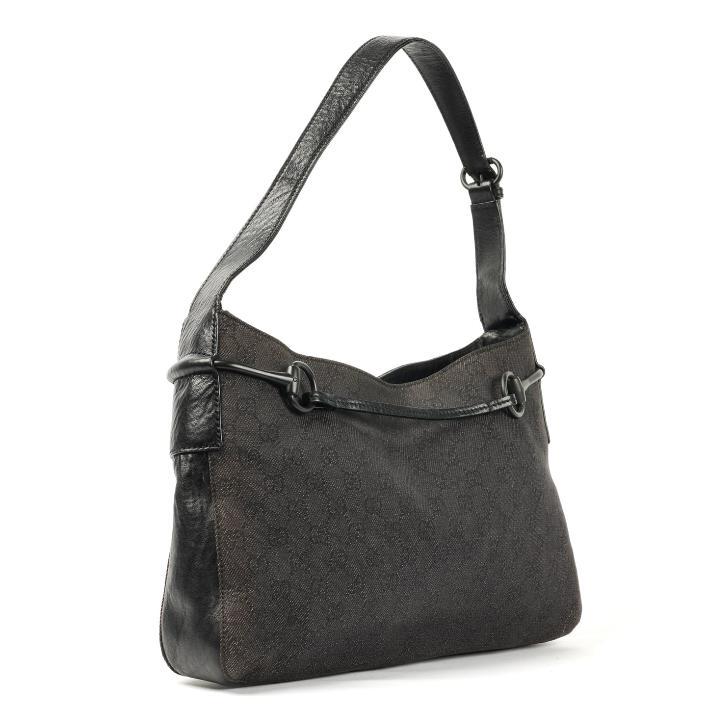 Gucci Horsebit Shoulder Bag - Black GG Monogram with Leather Trim - St. Luxe