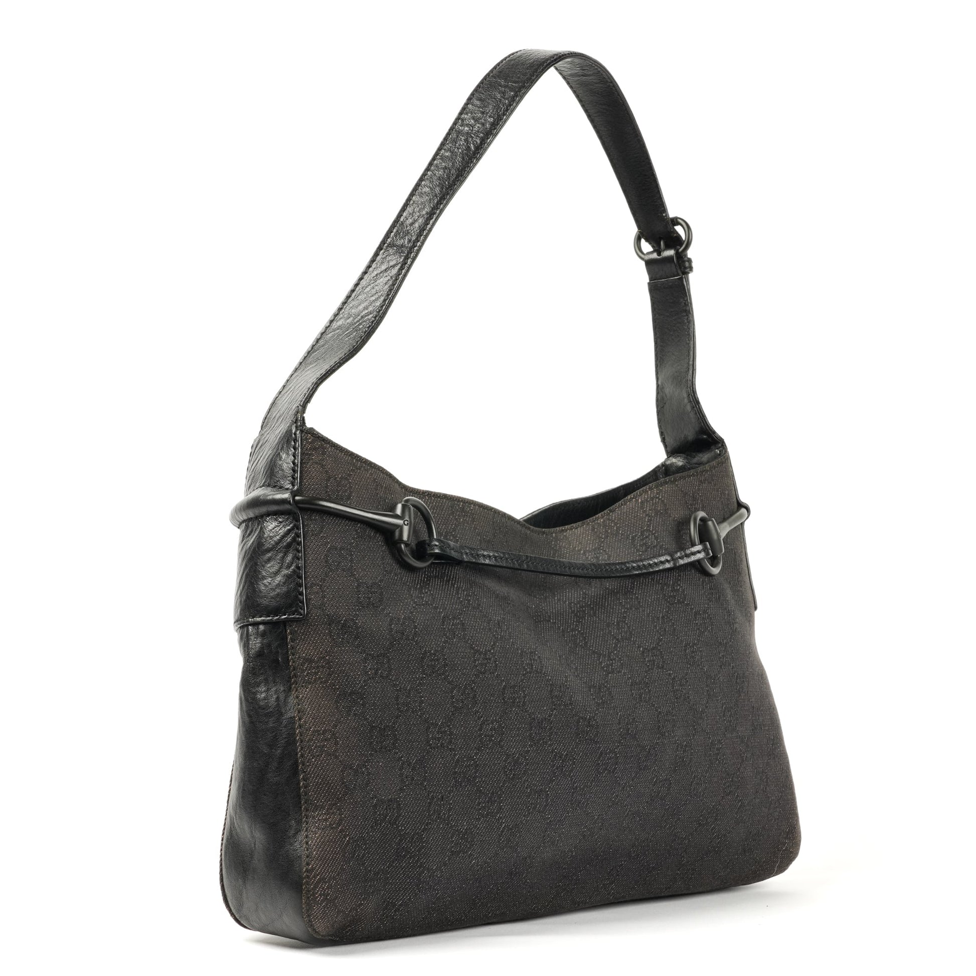 Gucci Horsebit Shoulder Bag - Black GG Monogram with Leather Trim - St. Luxe