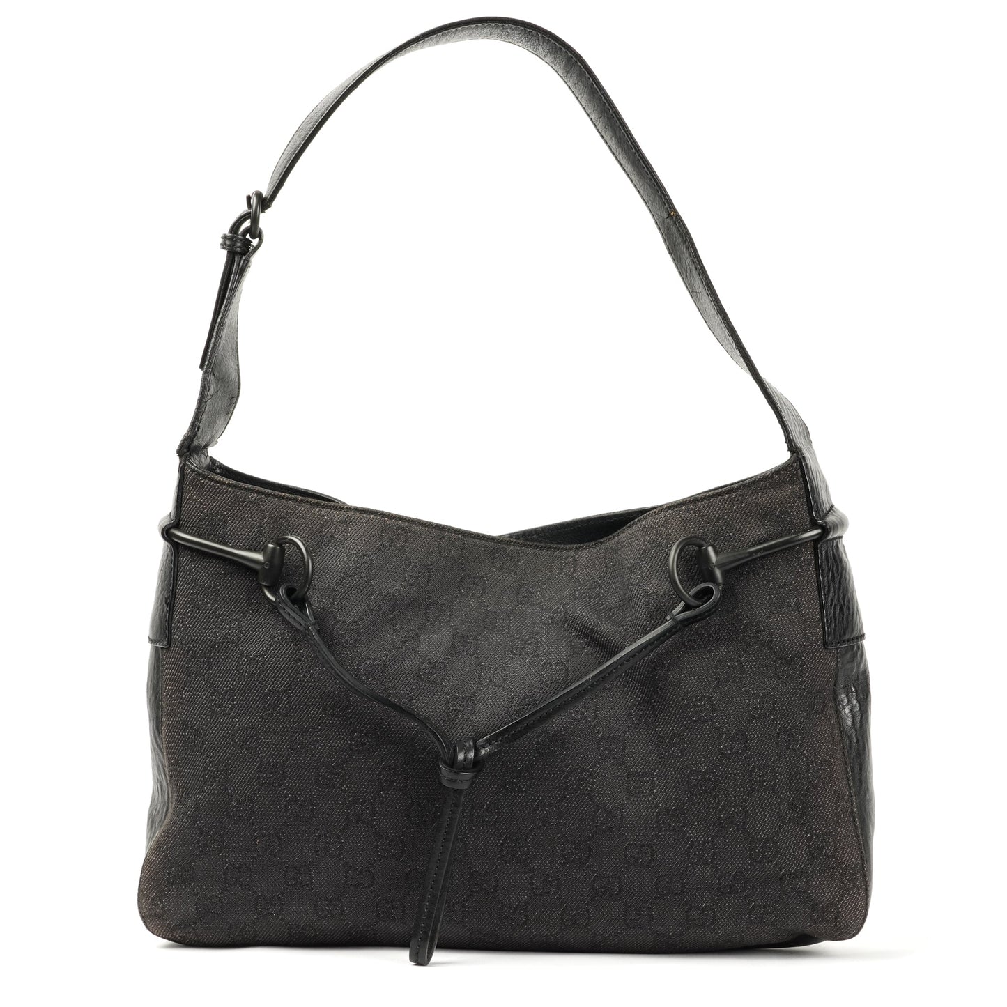 Gucci Horsebit Shoulder Bag - Black GG Monogram with Leather Trim - St. Luxe