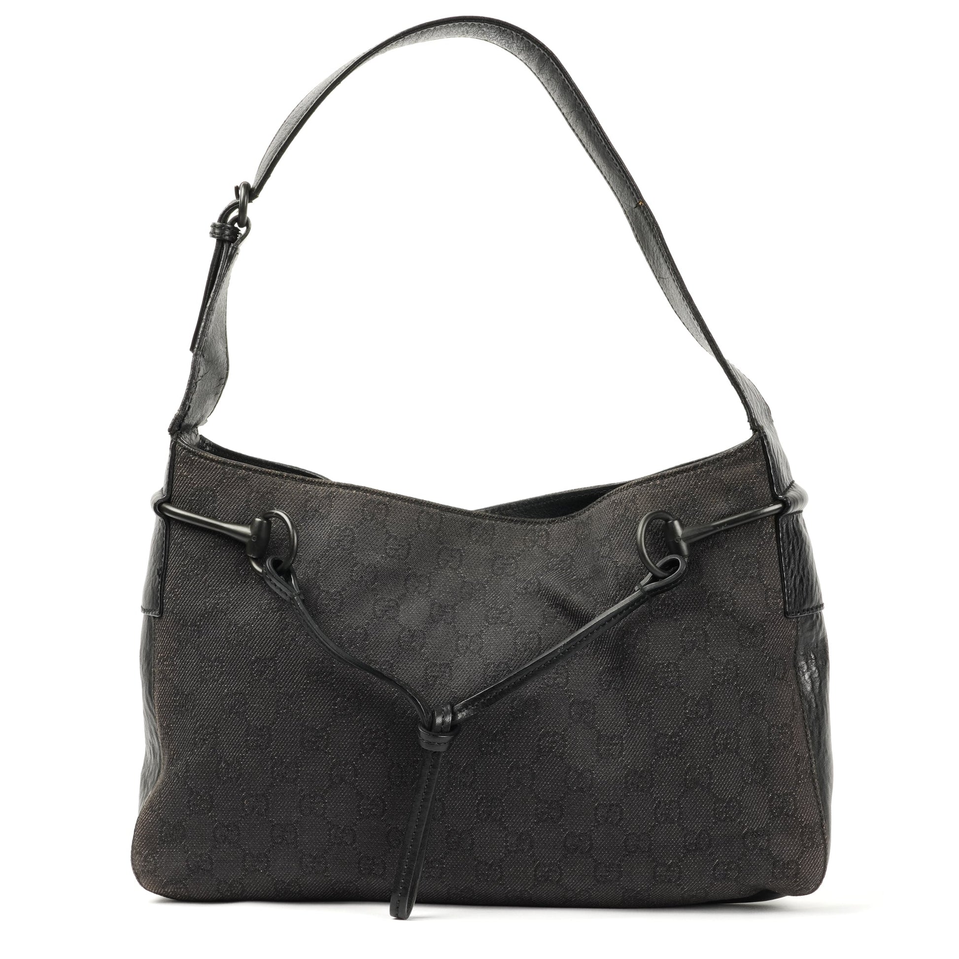 Gucci Horsebit Shoulder Bag - Black GG Monogram with Leather Trim - St. Luxe