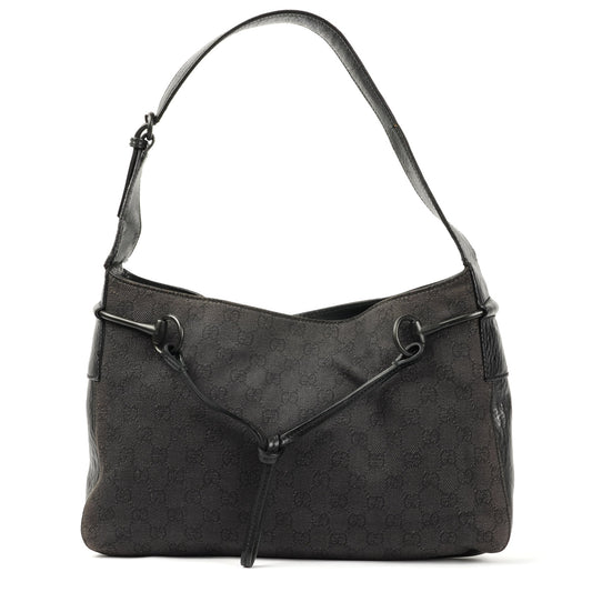 Gucci Horsebit Shoulder Bag - Black GG Monogram with Leather Trim - St. Luxe
