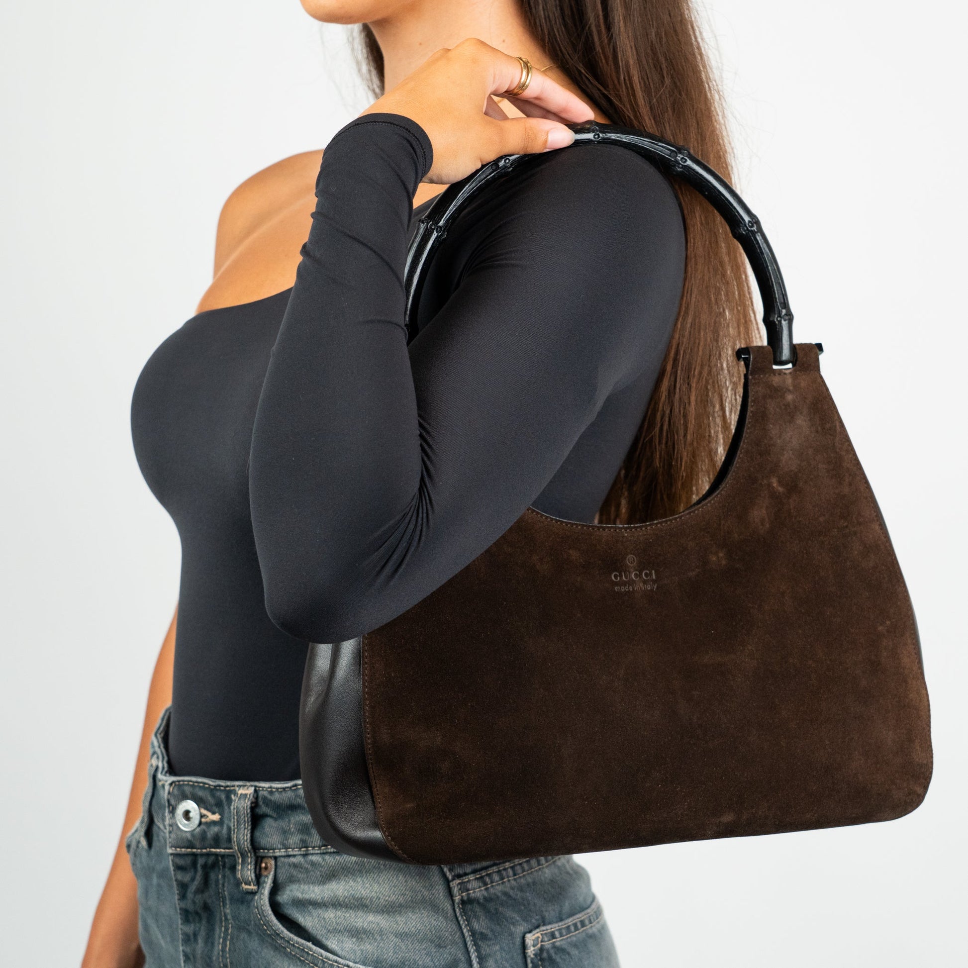 Gucci Suede Bamboo Shoulder Bag - St. Luxe