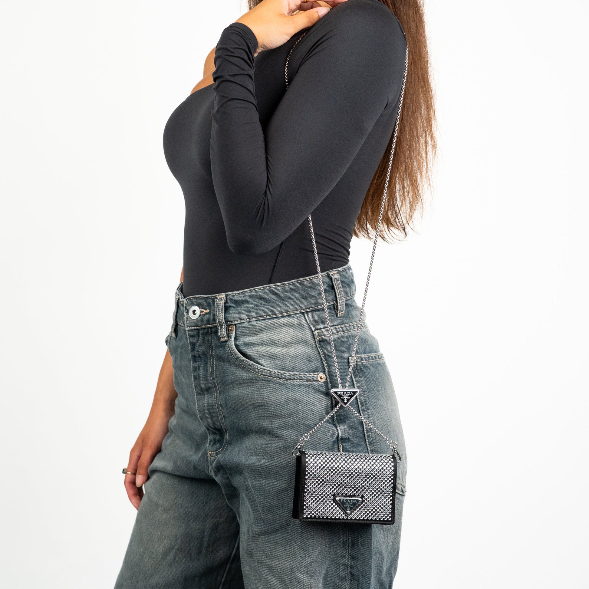 Prada Crystal Leather Chain Card Holder - St. Luxe