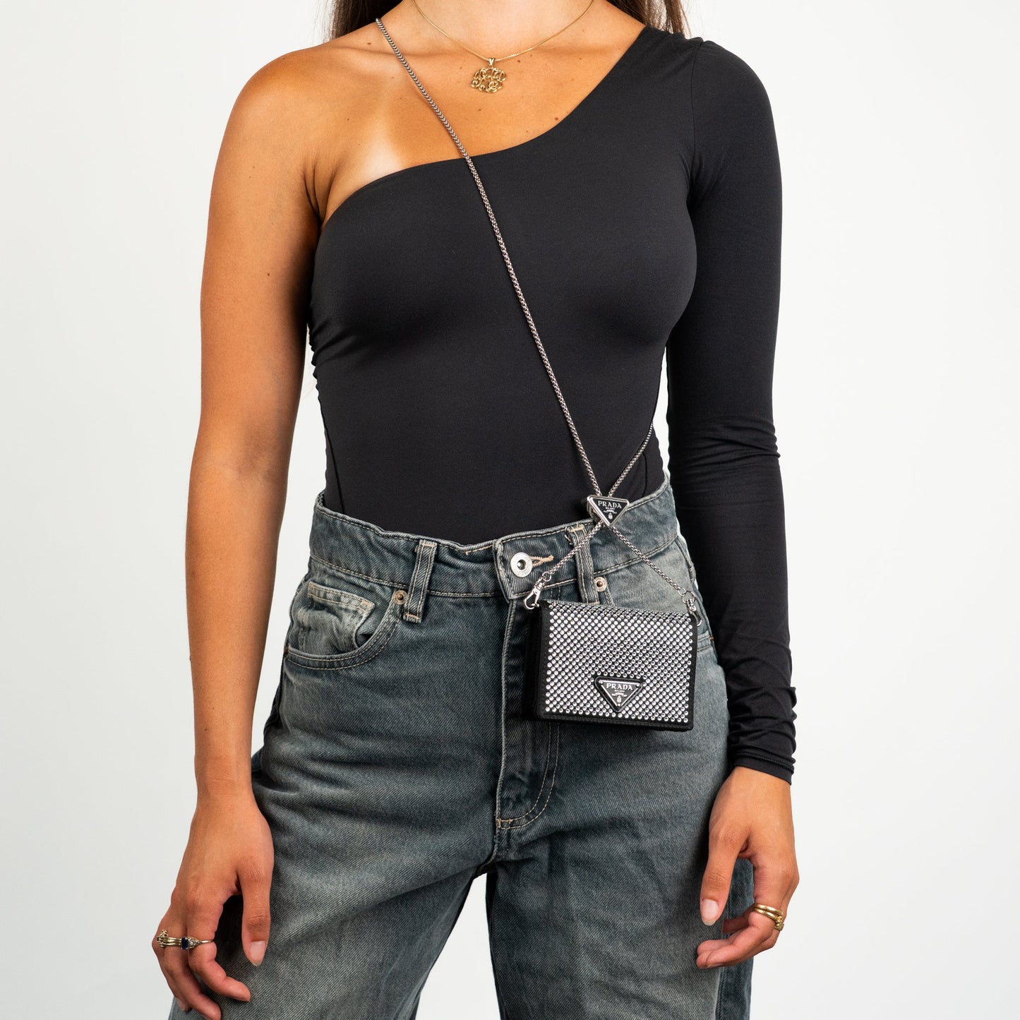 Prada Crystal Leather Chain Card Holder - St. Luxe