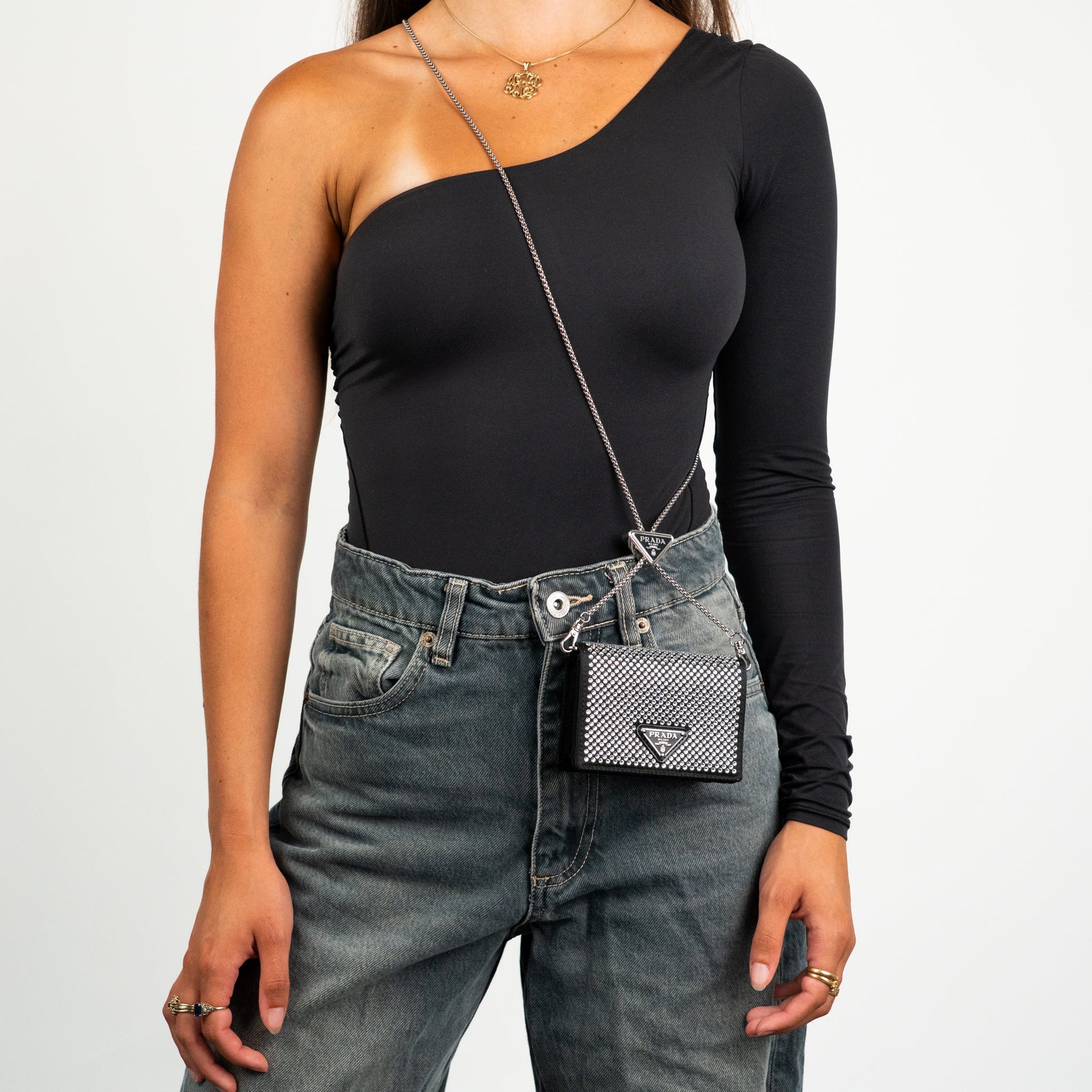 Prada Crystal Leather Chain Card Holder - St. Luxe