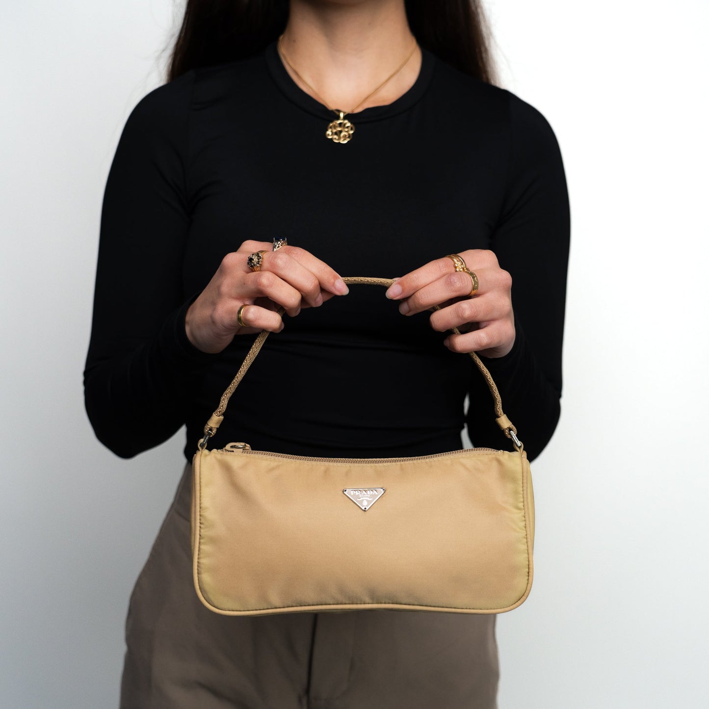 Prada Nylon Pochette - Beige with Silver Hardware - St. Luxe